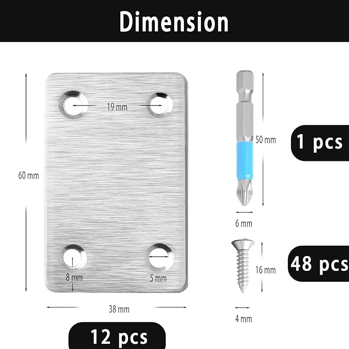 12 Pcs Mending Plate, 2.37 x 1.5 inch Stainless Steel Flat Plates with Holes, Straight Metal Mounting Braces Brackets Kit for Furniture, Wood Joint Connector (Silver, 2.36 inch)