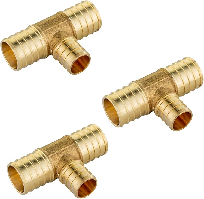 (Pack of 3) EFIELD 1" x 1"x 3/4" Barb Crimp Pex Reducing Tee Brass Fittings, ASTM F1807,(PEX1807090-3PCS)
