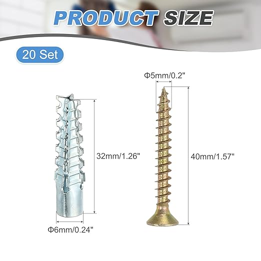 PATIKIL 20 Pcs Drywall Hollow Wall Anchors with Screws 0.2 x 1.57, Steel Dry Wall Anchors Kit for Wooden Concrete Plaster Hinge Hole Repair, Silver (6 x 32mm)