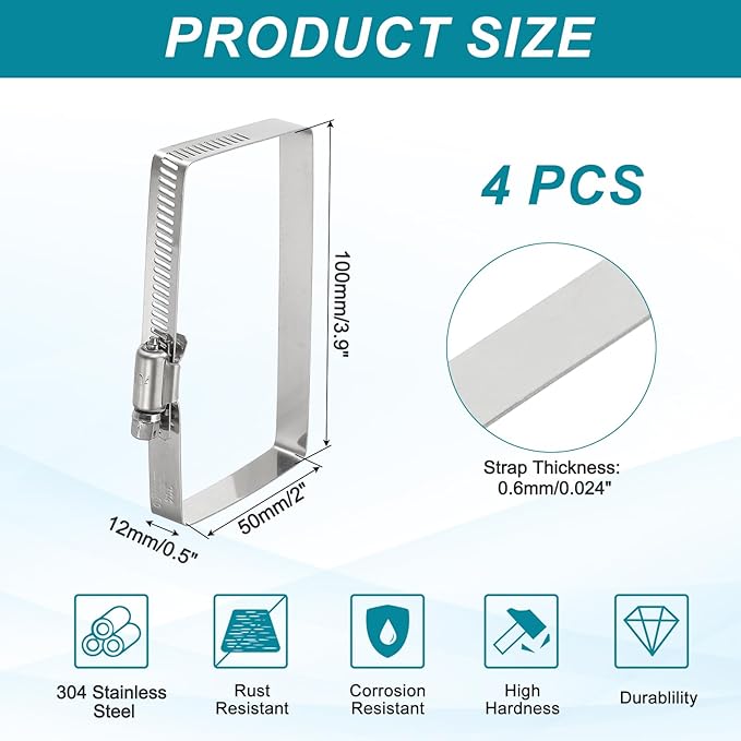 uxcell 4Pcs 304 Stainless Steel Rectangular Hose Clamp, Adjustable 3.9 x 2 Inch Square Worm Gear Duct Pipe Tube Clamps for Ducting Bracket Cable Tray Bridge Project Systems, Silver
