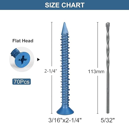 3/16x2-1/4 Inch 70PCS Flat Head Concrete Screws, Screws Anchor with Drill Bit,for Masonry, Block, Brick, Cement, Stucco, No Pre Drilling, Diamond Point