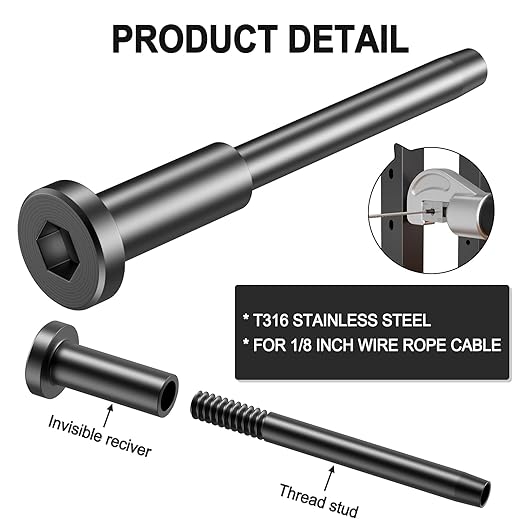 BLIKA 30 Pack 1/8" Black Stainless Steel Invisible Receiver and Swage Stud End for Cable Railing, Deck Stair Threaded End Fitting for Wood & Metal Post, Black Cable Railing Hardware