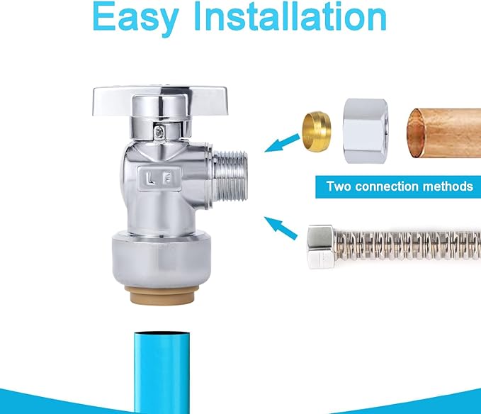 Angle Stop Valve, PushFit Angle Stop Valve,Angle Water Shut Off Valve 1/2 x 3/8 Inch Compression, Toilet Water Valve, 1/4 Turn, No Lead Brass Push to Connect Plumbing Fitting（2PCS）