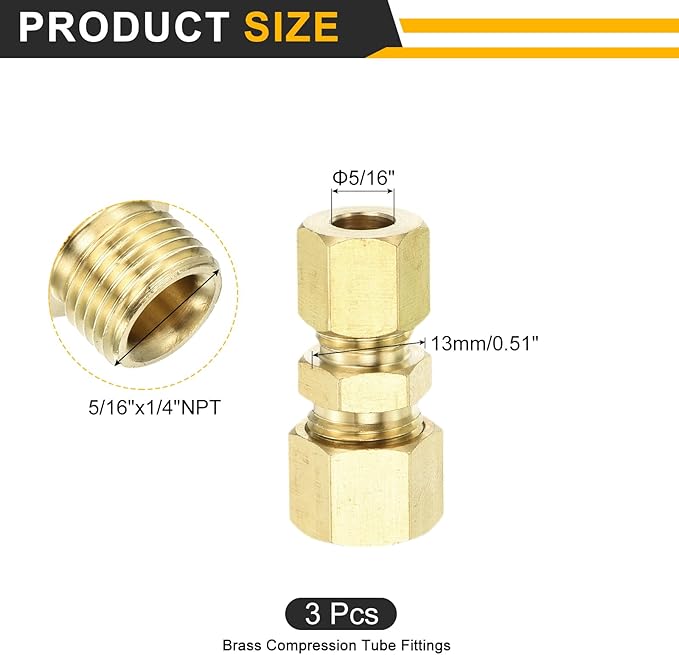uxcell 3Pcs Brass Compression Tube Fitting, 5/16" Tube OD x 1/4" Tube OD Connector Straight Coupling Adapter Union Fittings