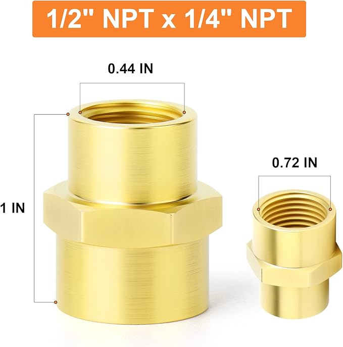GASHER 5PCS Brass Pipe Fitting, Coupling, Reducer Adapter, 1/4" x 1/2" NPT Female