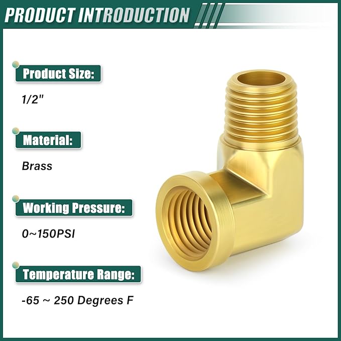 6PCS 1/2" Npt Male to Female 90 Degree Brass Pipe Fittings Barstock Street Elbow, 1/2" Npt Male x 1/2" Npt Female for oils, fuels, gases and liquids