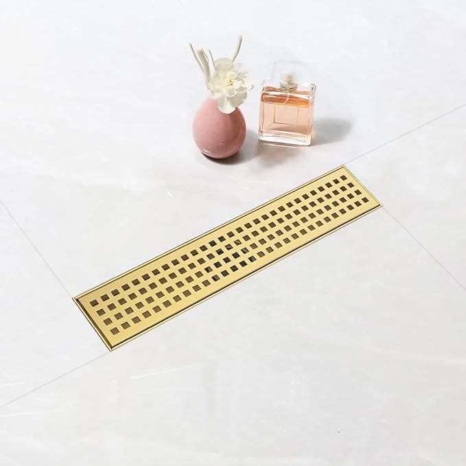 Linear Shower Drain, 12 inch Gold Drain with Removable Grate Cover, Brushed 304 Stainless Steel Shower Floor Drain, Linear Drain with Hair Strainer and Adjustable Feet