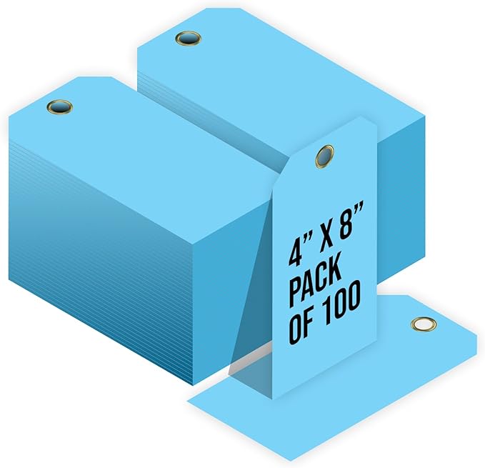 Tags 4 Less 15 Mil Waterproof Plastic Tags, Pack of 100 – 4” x 8” Heavy Duty Plastic Tags for Labeling, Outdoor Tagging, Equipment Labeling, Luggage, Valves & More (Light Blue)