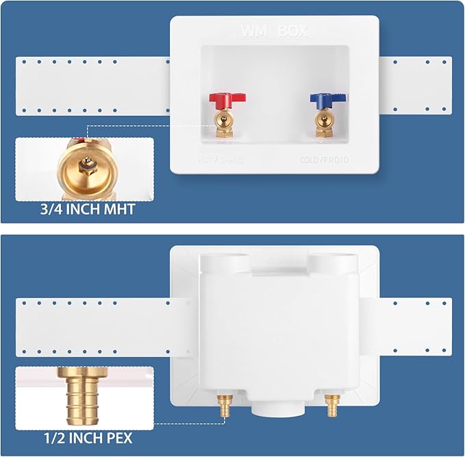 Premium Washing Machine Outlet Box with Center Drain, 1/2-Inch Pex Crimp x 3/4-Inch MHT Connection, Laundry Washer Valve Outlet Box with Clear Text Instructions