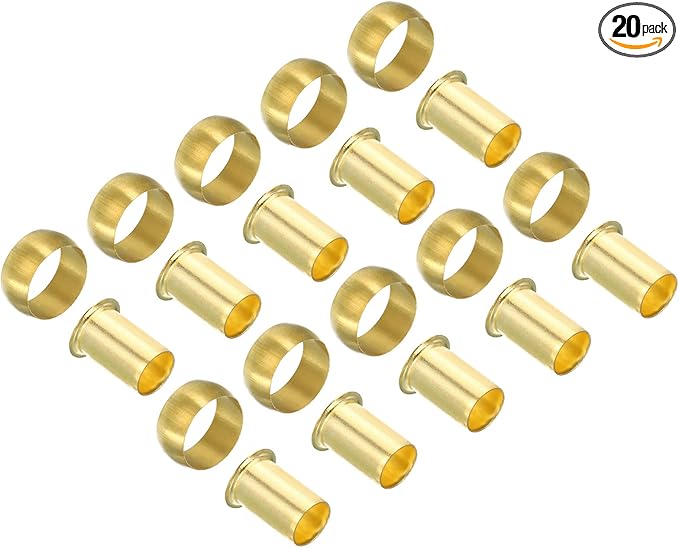 Patikil 12mm Tube OD Brass Compression Sleeves and Ferrules, 20 Pack Brass Ferrule Compression Insert Fitting Assortment Kit for Air, Water, Gas Pipe