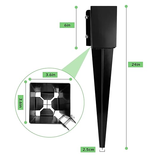 24 inch Fence Post Anchor Ground Spike Heavy Duty Metal Black Powder Coated Fence Stakes Post Base, 4x4 Inch (Inner Size 3.6"x3.6"), Pack of 4