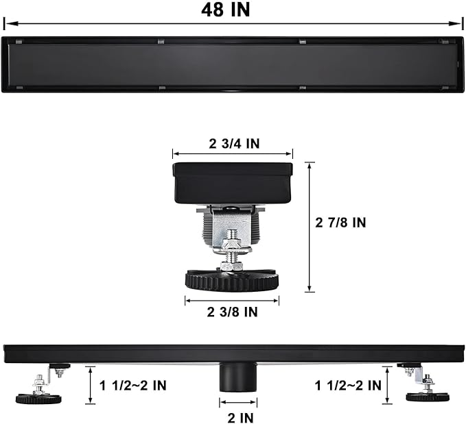 Linear Shower Floor Drain, Black 48 Inch 304 Stainless Steel Bathroom Drains Kit, Rectangular Shower Trench Drain with Reversable Tile-in Pattern Drain Cover & Hair Catcher