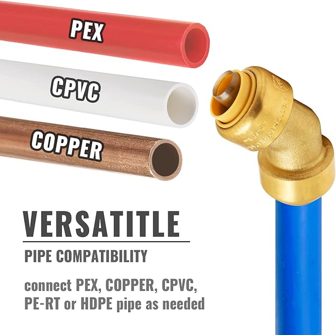 SUNGATOR 1/2 Inch 45 Degree Elbow, No Lead Brass Plumbing Fittings Push to Connect PEX Pipe, Copper, CPVC, PE-RT, with 1 Disconnect Clip, Pack of 3