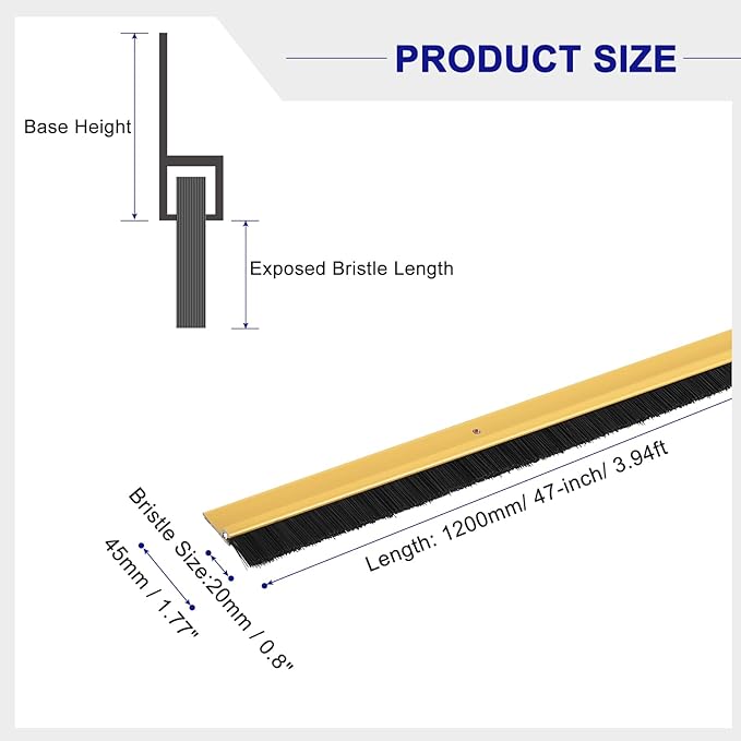 uxcell 2Pcs Door Brush Bottom Sweep H-Shape Aluminum Alloy Base with 0.8-inch PP Brush for Home, Industrial (47-inch L, Golden)