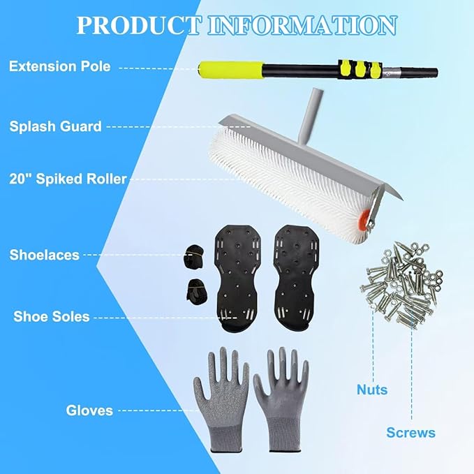 Self-Leveling Floor Tool Kit with Spiked Roller, Epoxy Floor Tools, Paint Roller, Epoxy Shoes Spikes for Concrete and Cement Flooring, 4-Piece Set (Large defoamer)