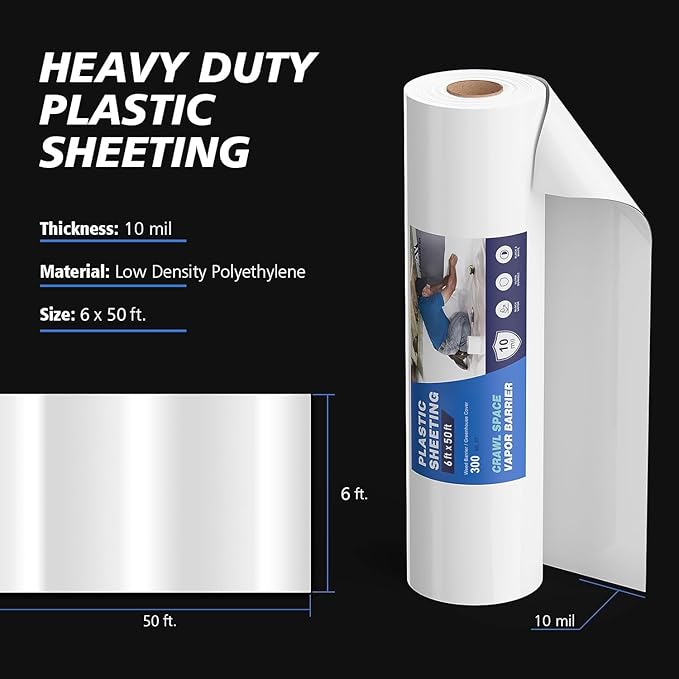 Crawl Space Vapor Barrier - 10 mil (6' x 50'), Thick Plastic sheeting, Drop Cloth Moisture Barrier Covering for Crawl Space Encapsulation, Blackout Plastic Painters Tarp, Black and White Panda Film