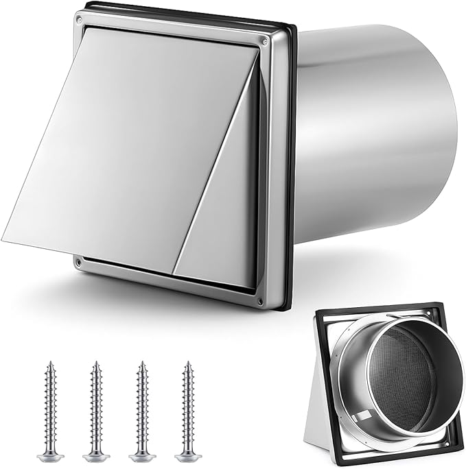 Gisafai 6" Dryer Vent Cover Outside with Stainless Steel Guard Wall Dryer Exhaust Cap and Removable Extended Pipe Vent Shroud Hood Cushioned Non Return Flap with Sealing Gasket Grille(Silver)
