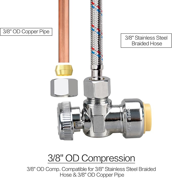 Stop Valves, 1/2" × 3/8" Angle Stop Valve, 1/2" PTC Input, 3/8" OD Compression Output, Push to Connect, 1/4 Turn, Chrome Plated Brass for Faucet, Toilet Valves, No Lead
