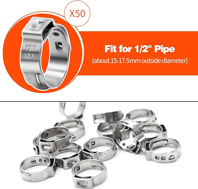 50 Pack 1/2" PEX Cinch Clamps, Stainless Steel Single Ear Hose Clamps