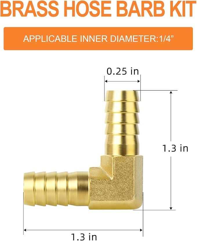 GASHER 20 Pieces Brass Hose Barb Reducer, 1/4 Inch to 1/4 Inch Barb Hose ID 90 Degree L Right Angle Elbow with 40 Hose Clamps, Brass Barb Reducer SPLICER Fitting Fuel/AIR/Water/Oil/Gas/WOG