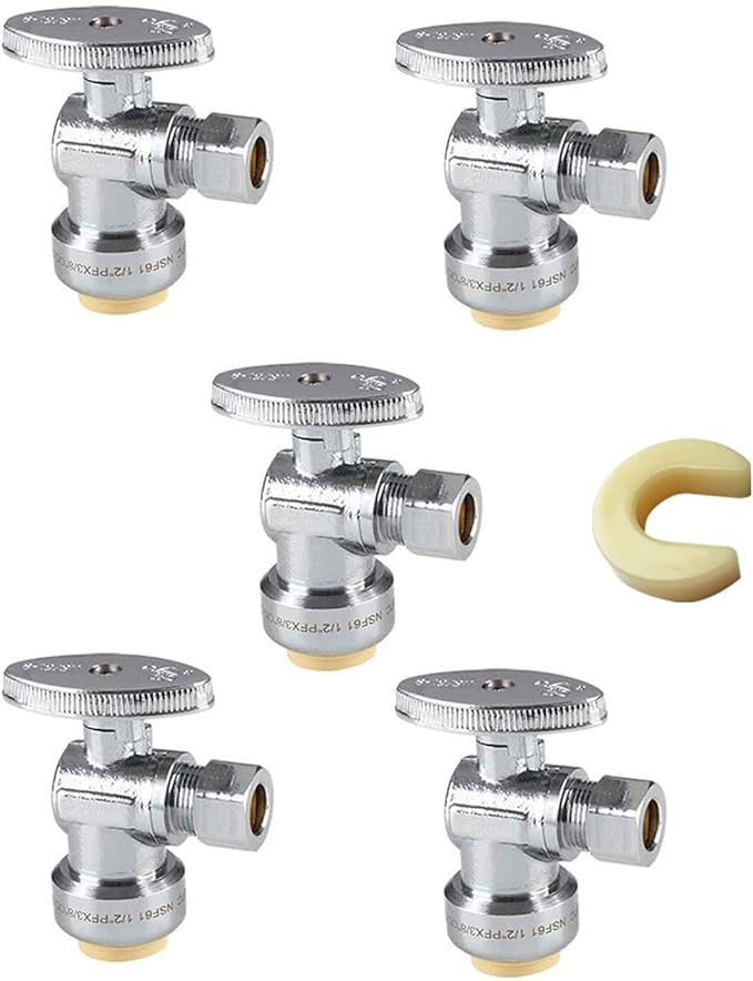 (Pack of 5) EFIELD Push Fit 1/4 Turn Angle Stop Valve Water Shut Off 1/2 Push x 3/8 Inch Compression with Dismount Clip Tool,(PF-UNI004-5PCS)