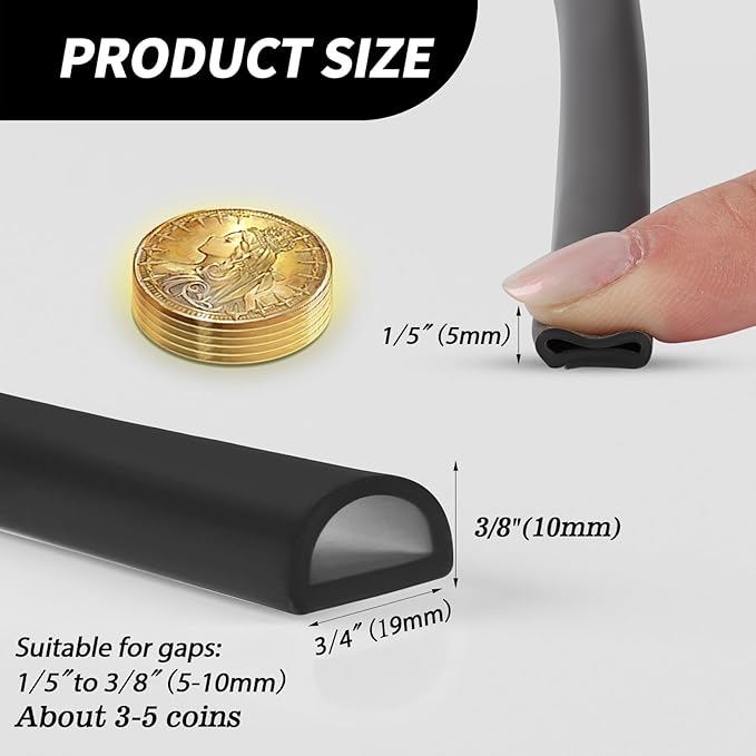 Silicone D Shape Weather Stripping Rubber Seal, 40FT Self Adhesive Weather Stripping for Boat, Auto, RV, Marine, Garage Doors/Window, W:3/4 in; H:3/8 in; 40Feet