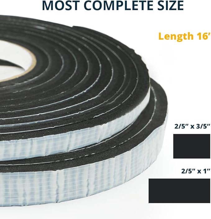 Alenor EPDM Black Foam Insulation Tape Self Adhesive 2/5"x3/5" x 16' Ft –Pack of 1- Weather Stripping for Doors & Windows,Soundproofing,Door Seal,Weatherstrip,Pipe Cooling,Air Conditioning Seal Strip