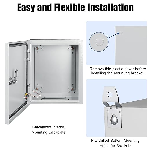 LeMotech Electrical Box 12 x 10 x 6 inch Junction Box, IP66 Waterproof Dustproof Steel Enclosure Wall-Mounted for Outdoor/Indoor Lockable with Equipment Mounting Plate