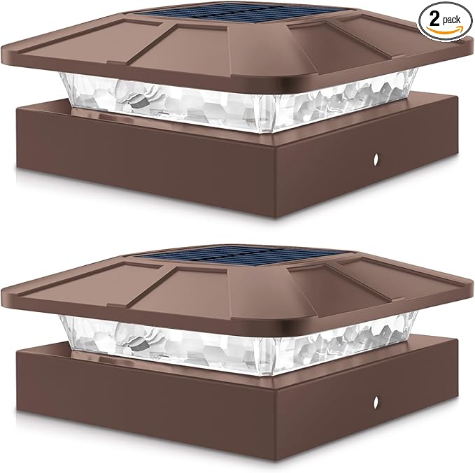 Peasur 4x4 Solar Post Cap Lights Outdoor with 3 Modes, 2 Packs Brown Fence Light Solar Powered Waterproof for 4x4 3.5x3.5 Wood/Vinyl Posts for Deck Yard Garden Patio Outside