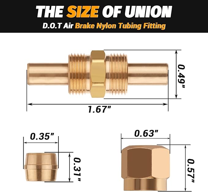 Air Brake Nylon Tubing Brass Union Fitting, 1/4" Air Compression Straight Union Fittings for Nylon Hose with D.O.T Approved (Pack 4)