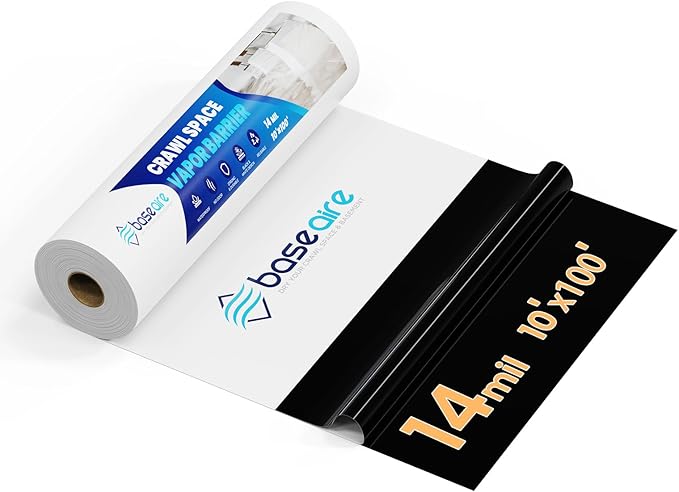 BaseAire Crawl Space Vapor Barrier, 14mil Film, 10'x100', Drop Cloth Covering for Basement, Crawlspace Encapsulation, Thick Plastic Sheeting Heavy Duty, Black and White Panda Film