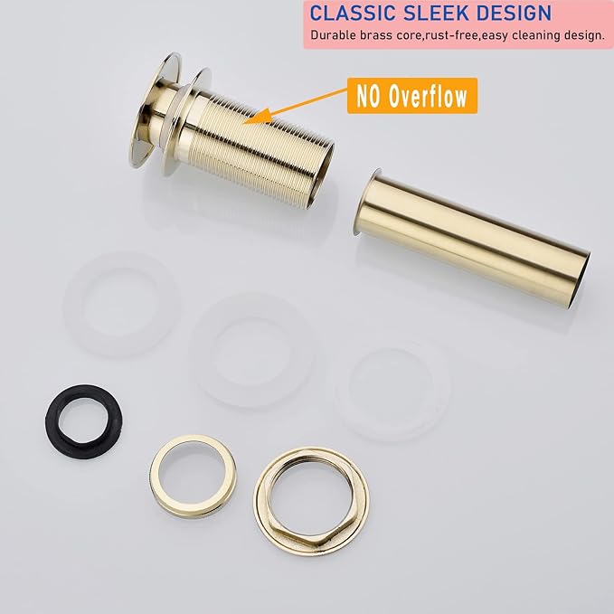 Bathroom Pop Up Drain Without Overflow, Bathroom Sink Push Pop Up Assembly Vessel Drain Without Overflow. (Brushed Gold)
