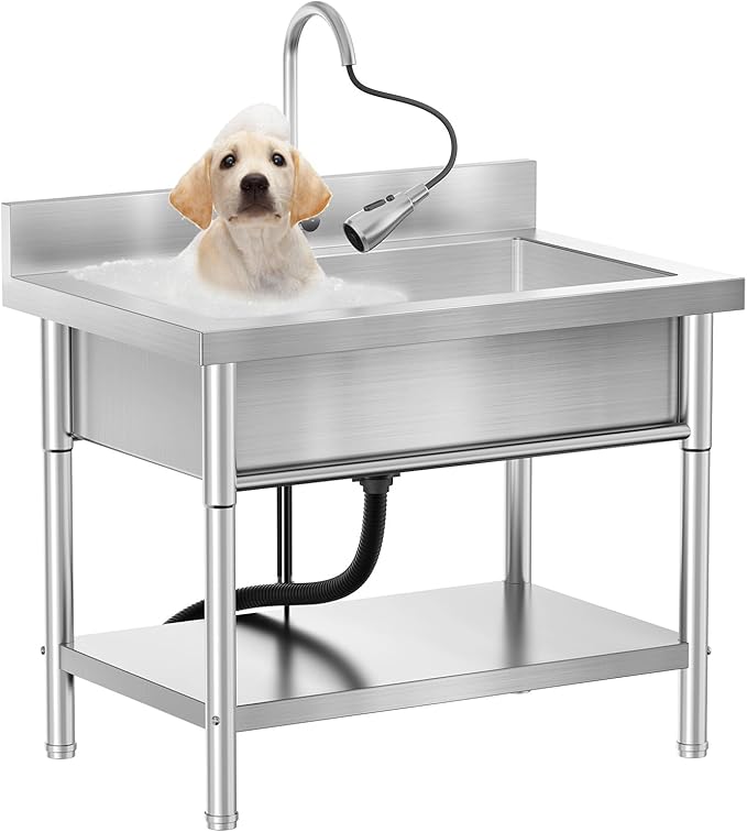 Stainless Steel Utility Sink Single Bowl Freestanding Laundry Sink with Pull-Out Faucet,for Pet Cleaning Laundry Room Farmhouse Indoor and Outdoor Sink