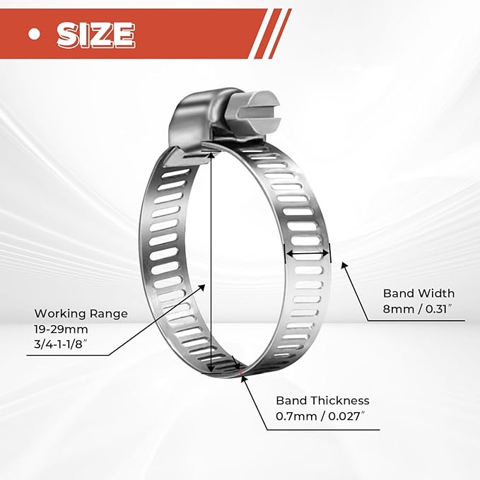 24 Pack 3/4" - 1 1/8" Worm Gear Hose Clamps, Adjustable Range 19-29mm 304 Stainless Steel Fuel Line Hose Clamps for Pipe, Plumbing, Automotive and Mechanical Application