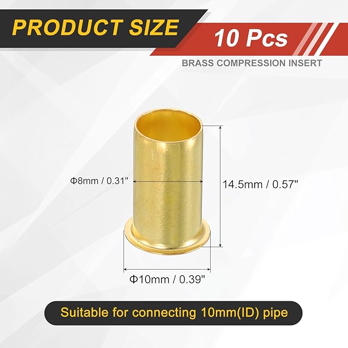 uxcell 10Pcs Fit for 8mm(5/16") Tube ID Brass Compression Fitting, Insert Tube Support Compression Sleeve Fitting, Sleeve Ferrules for Water Oil Air Pipe