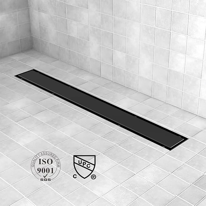Linear Shower Drain, 24 inch Black Drain with Tile Insert 2-in-1 Panel, Brushed 304 Stainless Steel Shower Floor Drain, Linear Drain with Hair Strainer and Adjustable Feet