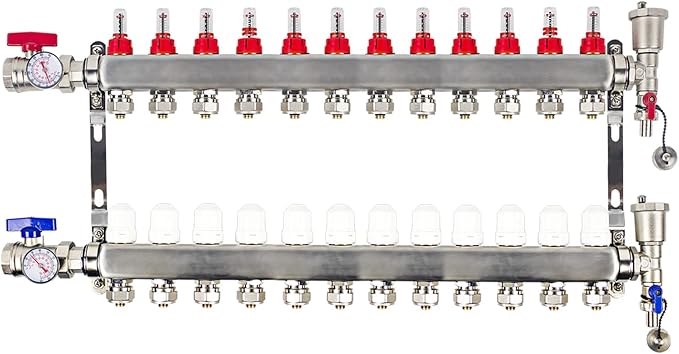 AB 12 Loop PEX/Radiant Manifold, 1/2 Inch Compatible Outlets, Up to 1.3 GPM Flow Valve for Hydronic Radiant Floor Heating (1/2" Connectors Included)