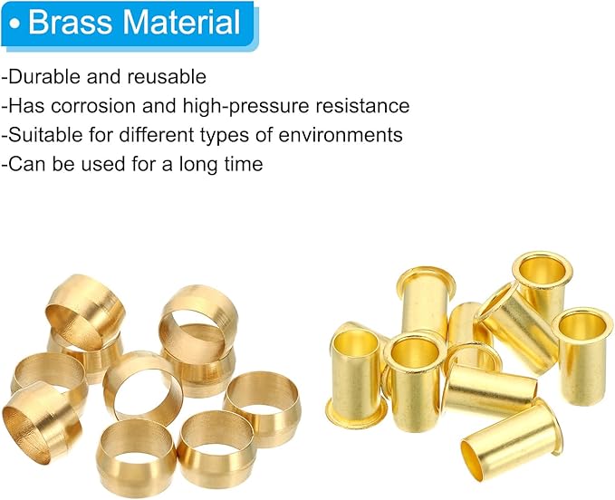 PATIKIL Brass Compression Sleeves Ferrules for 1/2 Inch OD Hose Tube, 40 Pack Brass Ferrule Brass Compression Insert Fitting Assortment Kit for Air Water Gas Pipe