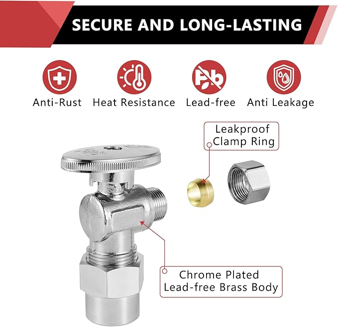 (Pack of 5) EFIELD 1/4 Turn Angle Stop Valve 3/8" OD Compression X 1/2" CPVC Pipe Connection, Chrome Plated Brass,(VALVE070-5PCS)