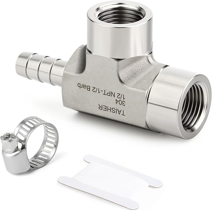 TAISHER 1PCS Forging of 304 Stainless Steel 3 Way Tee Hose Barb Fitting, 1/2" Hose Barb x 1/2" NPT Female x 1/2" NPT Female for Fuel/Air/Lquid/Gas with 2PCS Hose Clamp