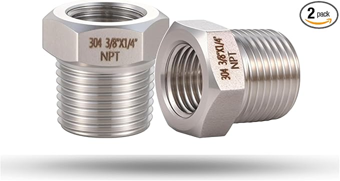 2 Pcs 3/8" Male NPT to 1/4" Female NPT Reducer Hex Bushing，304 Stainless Steel Pipe Fitting Hex Bushing, Heavy Duty Pipe Fitting Reducer Adapter