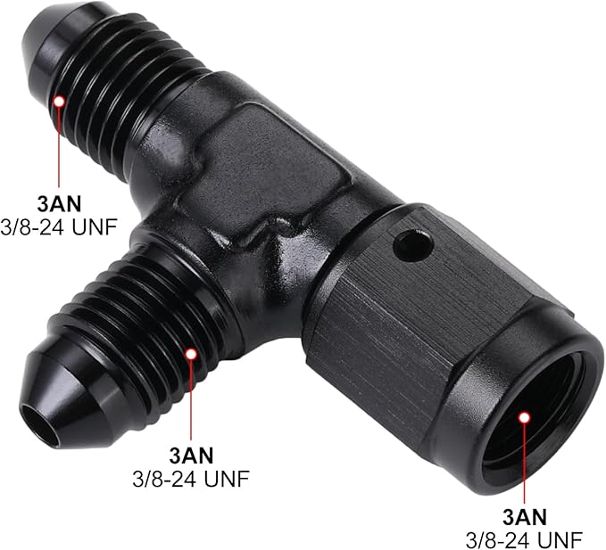 3AN Male Flare Tee T Fitting Adapter with AN3 Female Swivel On Run Aluminum Black