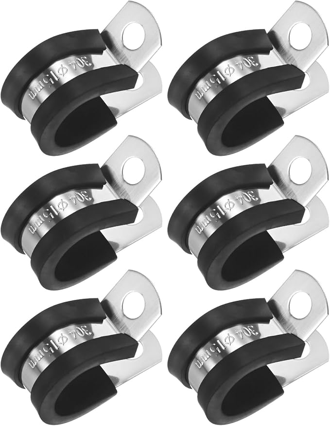 6-Pack Cable Clamps, 19/32 Inch/ 15 mm 304 Stainless Steel Rubber Cushioned Insulated Cable Clamp R Shape Metal Holder for Tube/Wire/Pipe/Loop Installation