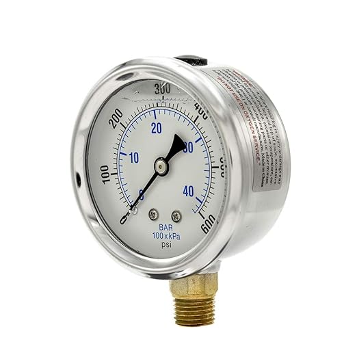 PIC Gauges PRO-201L-254K 0-600 PSI Pressure Gauge, 2 1/2" Dial, 1/4" Male NPT Connection, Bottom Mount, Dual Scale, Glycerin Filled, Stainless Steel Case/Bezel, Brass Internals & Plastic Lens