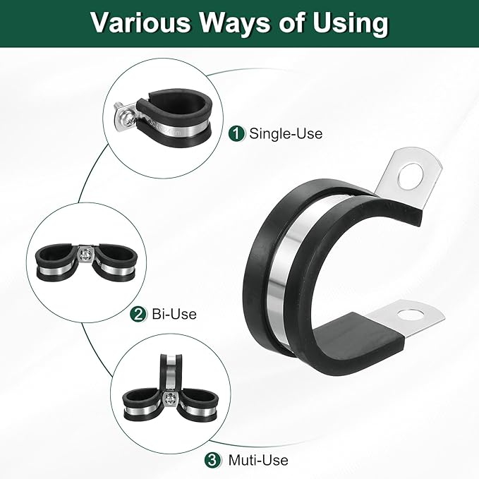 uxcell 1-1/8"(28mm) Cable Clamp, 304 Stainless Steel Rubber Cushioned Insulated Clamp R Shape Metal Clamp Tube Holder for Pipe Hose Wire Cord Installation 16Pcs