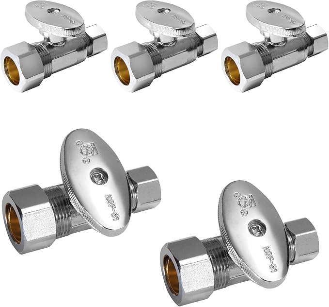 5-Pack Foskan 1/4 Turn Compression Straight Shut off Valve,Straight Stop Valve 1/2" NOM (5/8" OD) x 3/8" OD,Chrome Plated Brass