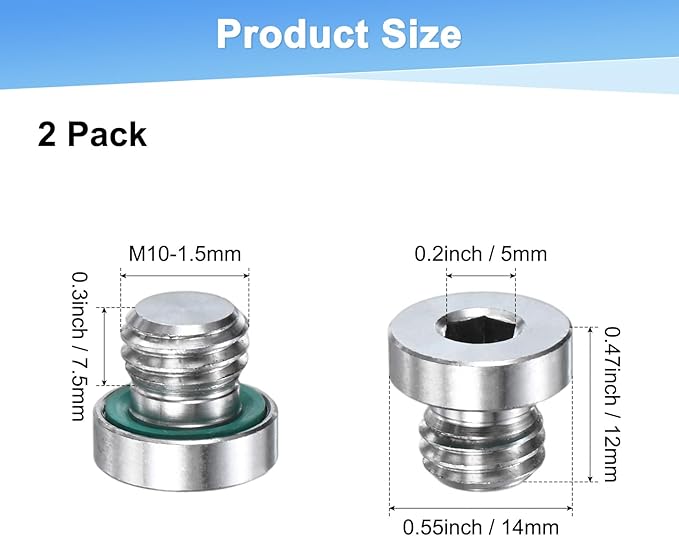 2-Pack Inner Hex Head Pipe Fitting Plug, M10x1.5mm 304 Stainless Steel Socket Bung Plug with Fluorine Sealing Ring for Terminate Pipe Ends/Replacement Drains