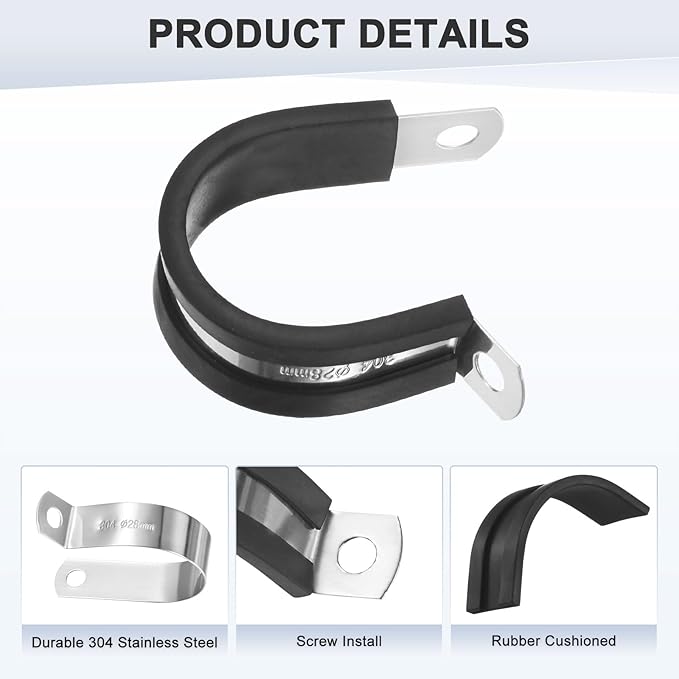 12-Pack Cable Clamps, 1-3/32 Inch/ 28 mm 304 Stainless Steel Rubber Cushioned Insulated Cable Clamp R Shape Metal Holder for Tube/Wire/Pipe/Loop Installation