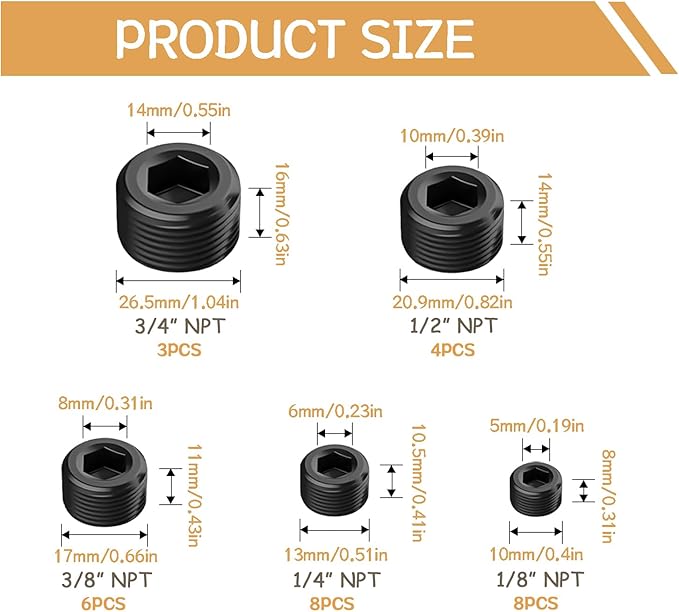 29PCS 5 Size Pipe Plug Fitting Assortment Kit, Black Carbon Steel 1/8" 1/4" 3/8" 1/2" 3/4" NPT Plug DD032-29