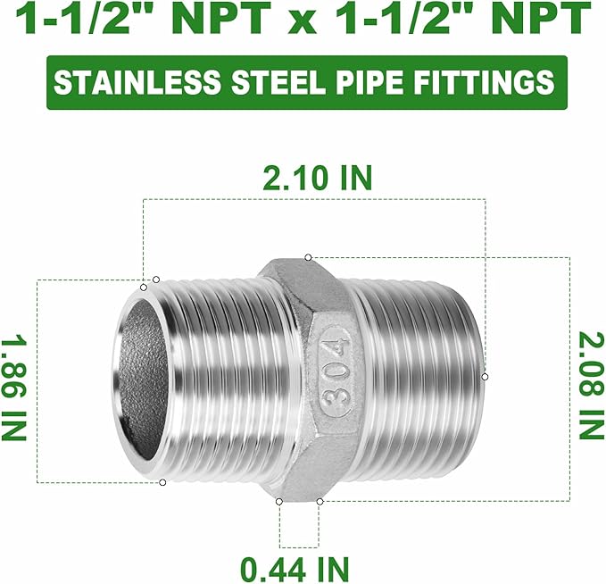 TAISHER 2PCS Cast 304 Stainless Steel Hex Nipple, Pipe Fitting 1-1/2 Inch Male Pipe x 1-1/2 Inch Male Pipe…